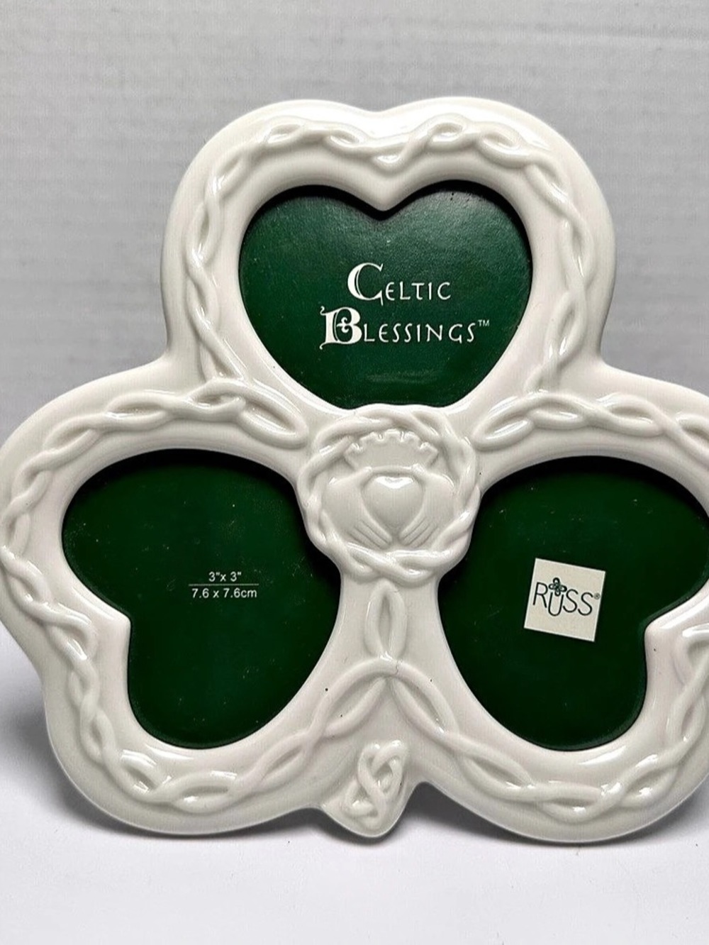 Vtg Russ White Porcelin Clover Shaped Trio Photo Frame Irish Celtic Blessings